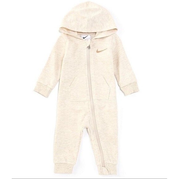 Nike Baby Boys Essentials Hooded Coverall Newborn Logo Pale Ivory Heather New - Picture 1 of 12